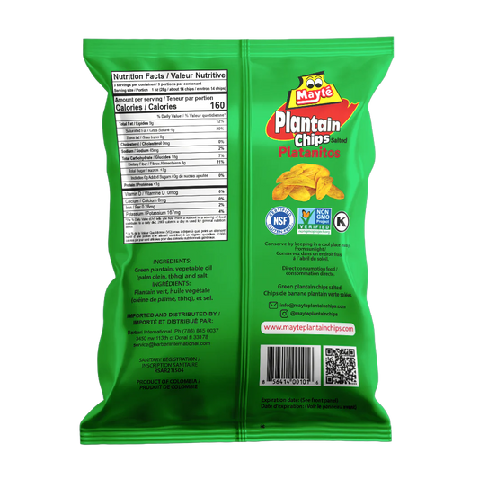 Mayté Salted Plantain Chips back packaging – nutrition facts and ingredients list