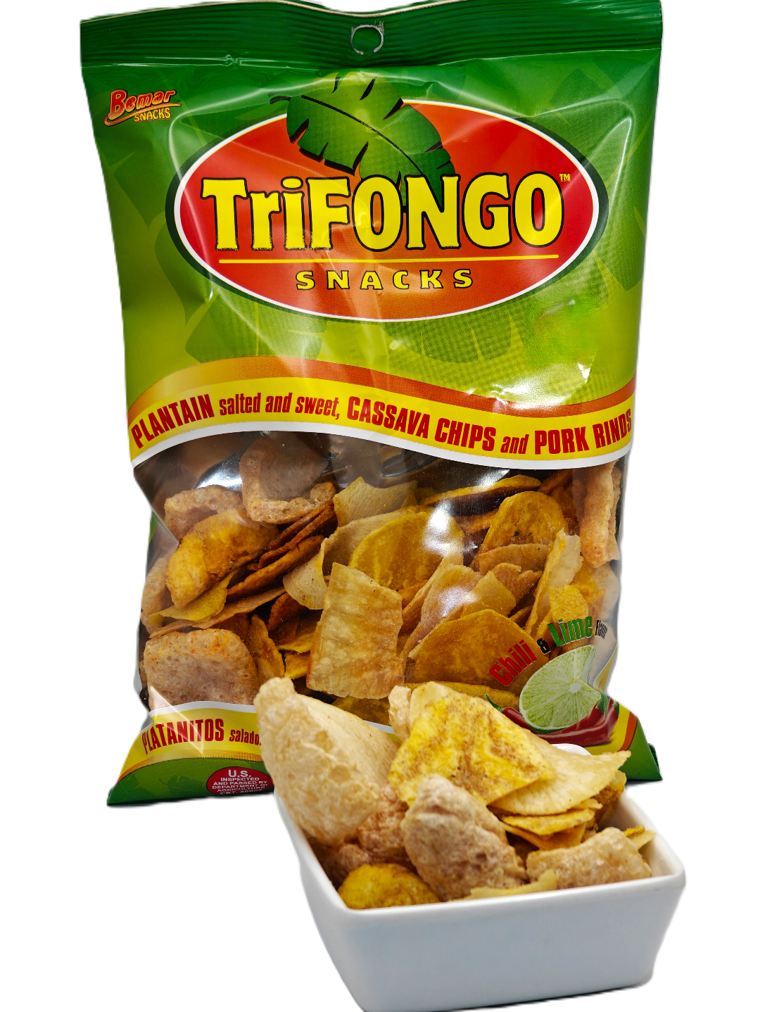 Trifongo snacks packaging with a bowl of chips on a white background