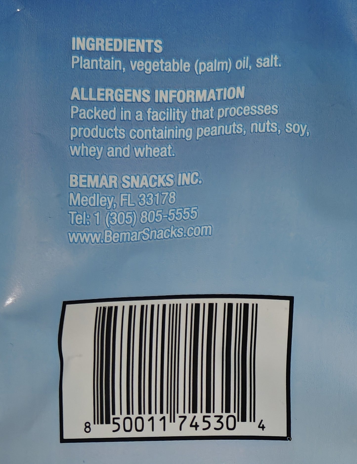 Back of a snack package with ingredient list, allergen information, and Bemar Snacks contact details.