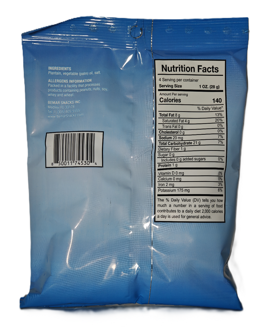 Back view of a blue snack bag with nutrition facts label