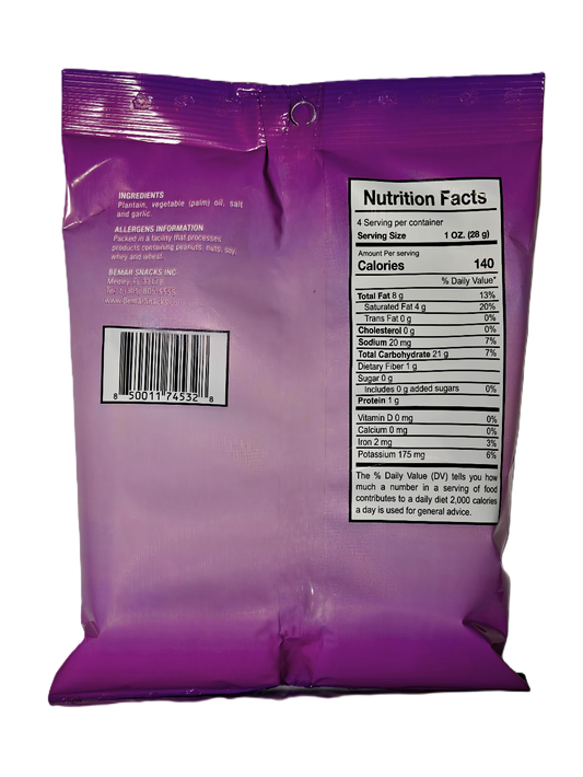 Purple snack bag with nutrition facts label on a white background
