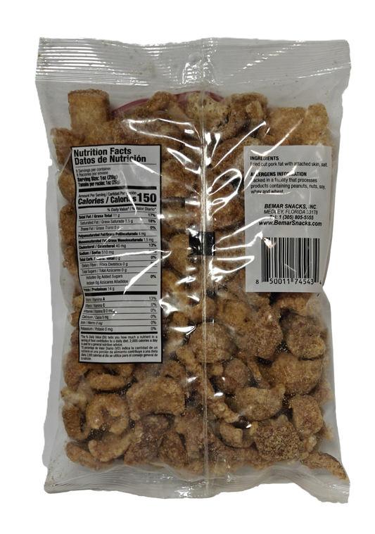 Bag of pork craclins with nutrition label and brand information on a white background
