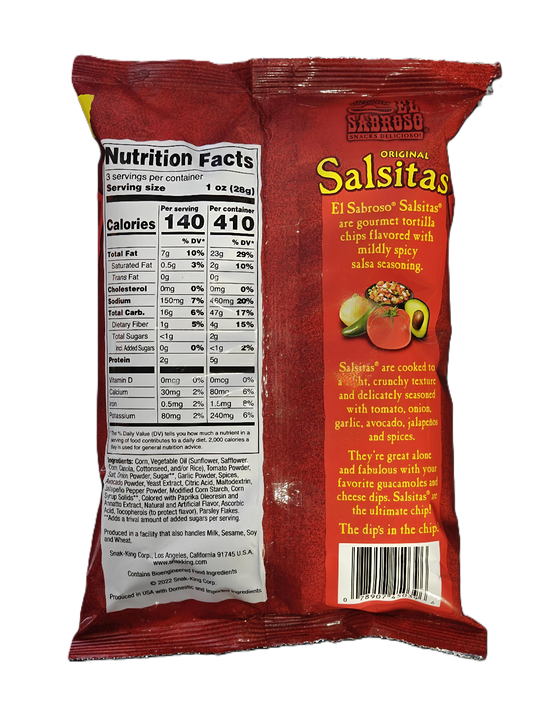 Salsitas tortilla chip bag with nutrition facts label on a white background