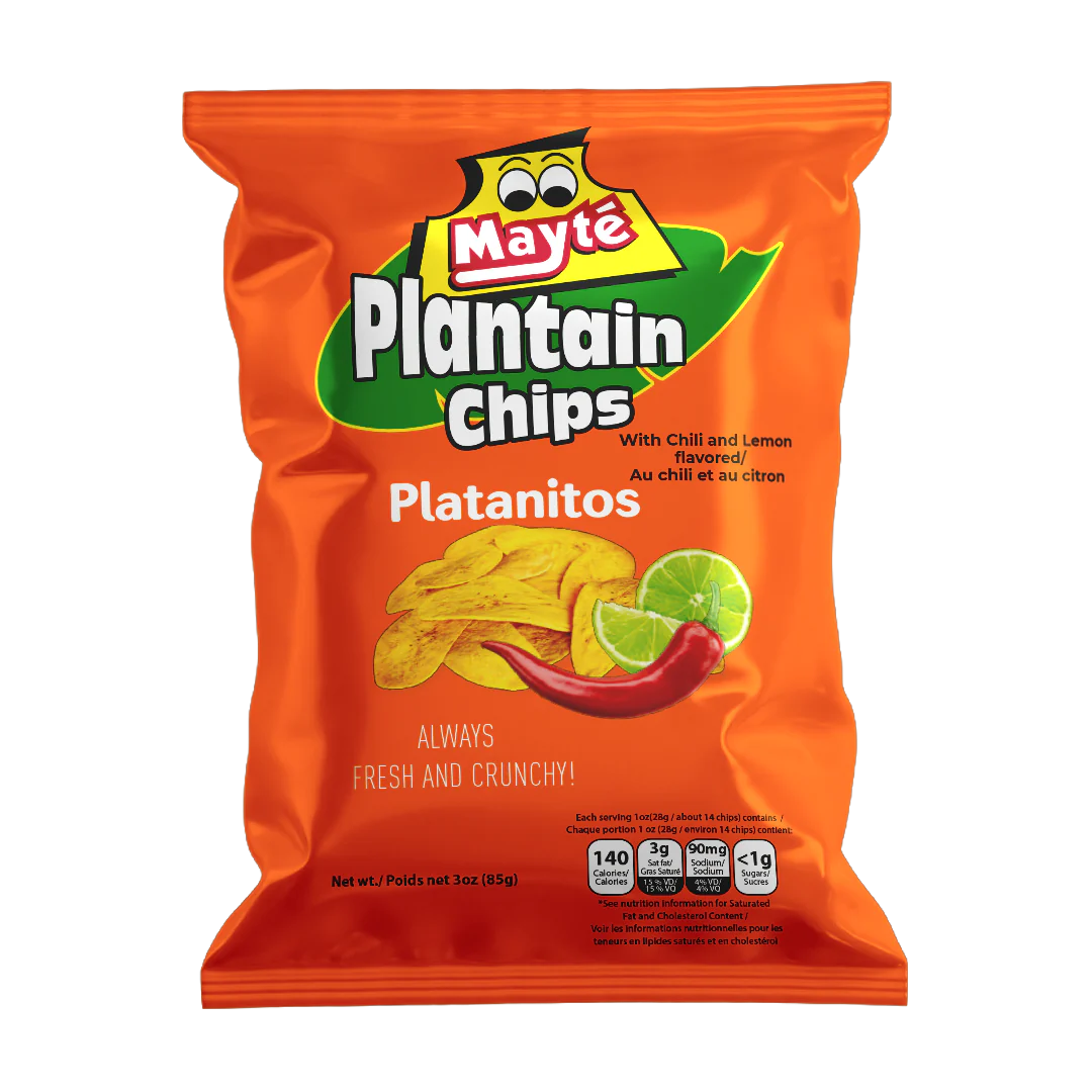 Mayté Plantain Chips with Chili and Lemon front packaging – 3 oz spicy, zesty plantain snack bag