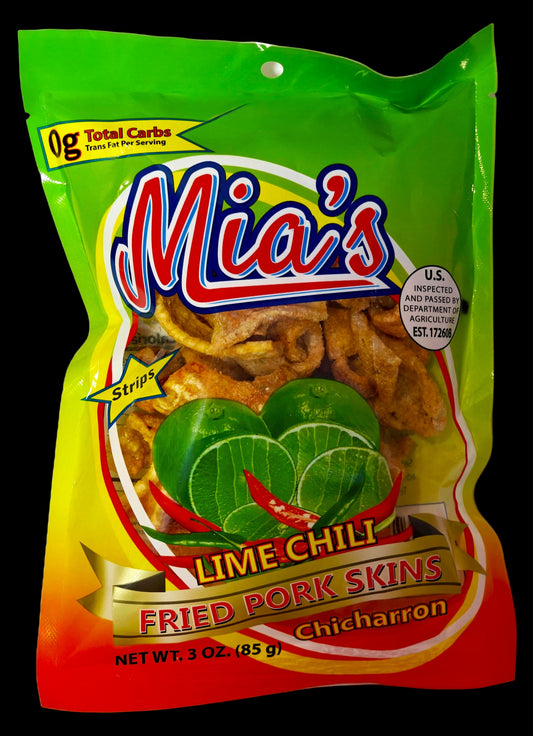 Packaging of Mia's Lime Chili Fried Pork Skins on a white background