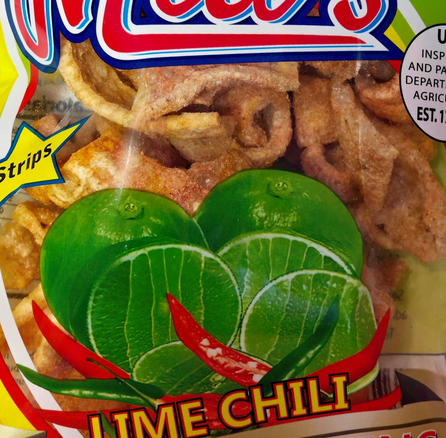 Packaged snack with lime and chili design on a colorful label