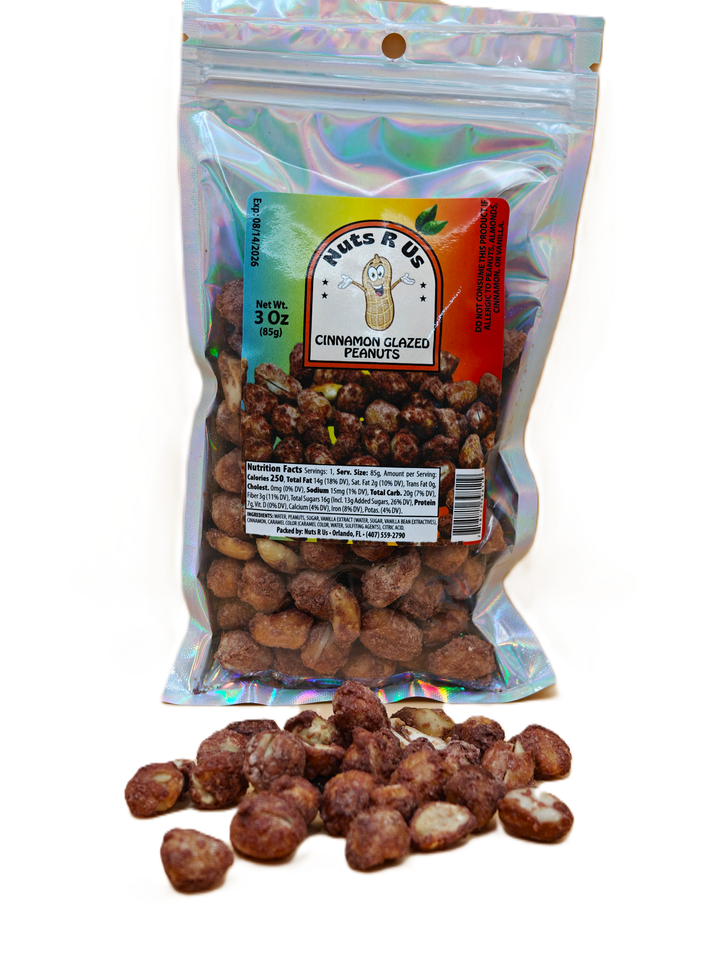 Packaged cinnamon glazed peanuts with a visible brand label on a white background