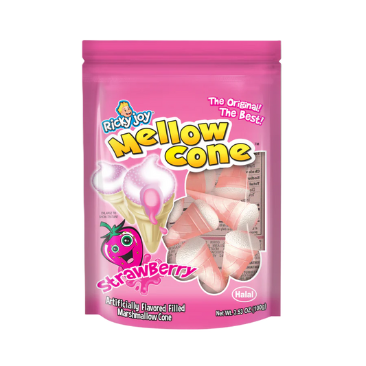 Ricky Joy Mellow Cone Strawberry 3 Pack Halal Artificially Flavored Filled Marshmallow Cone 3.53 oz