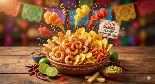 Table full of Latin snacks like chicharrones, plantain chips, and salsa with festive decorations.