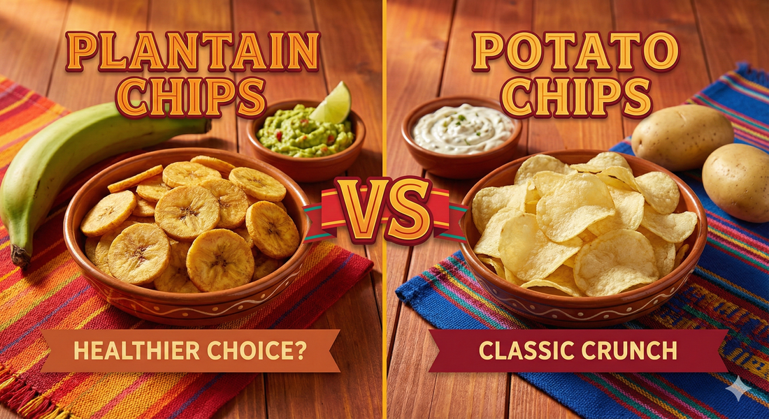 Side-by-side comparison of a bowl of golden plantain chips with fresh plantain fruit versus a bowl of standard potato chips.