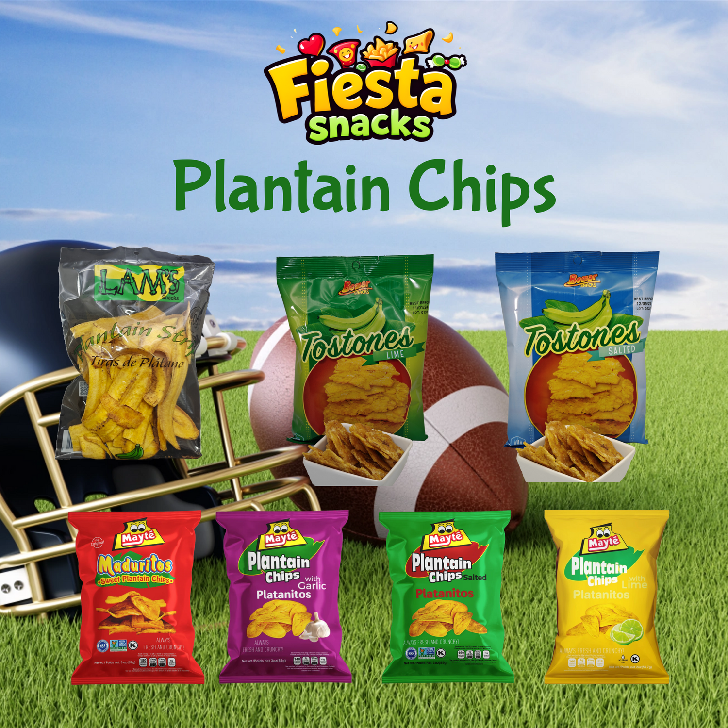 Assorted plantain chips and tostones from Lams, Bemar, and Mayté displayed with a football helmet, perfect for Super Bowl snacking.