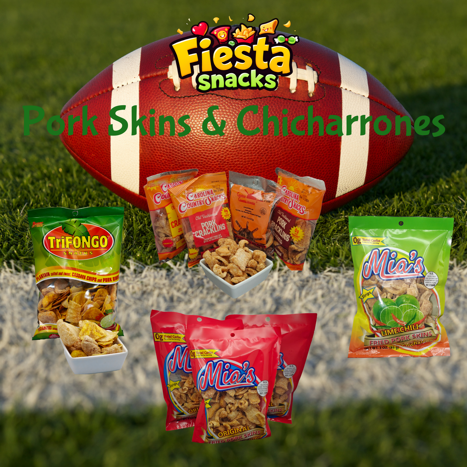 Variety of pork rinds, cracklins, and Trifongo mix including Carolina Country Snacks and Mia's, arranged on a football field background.