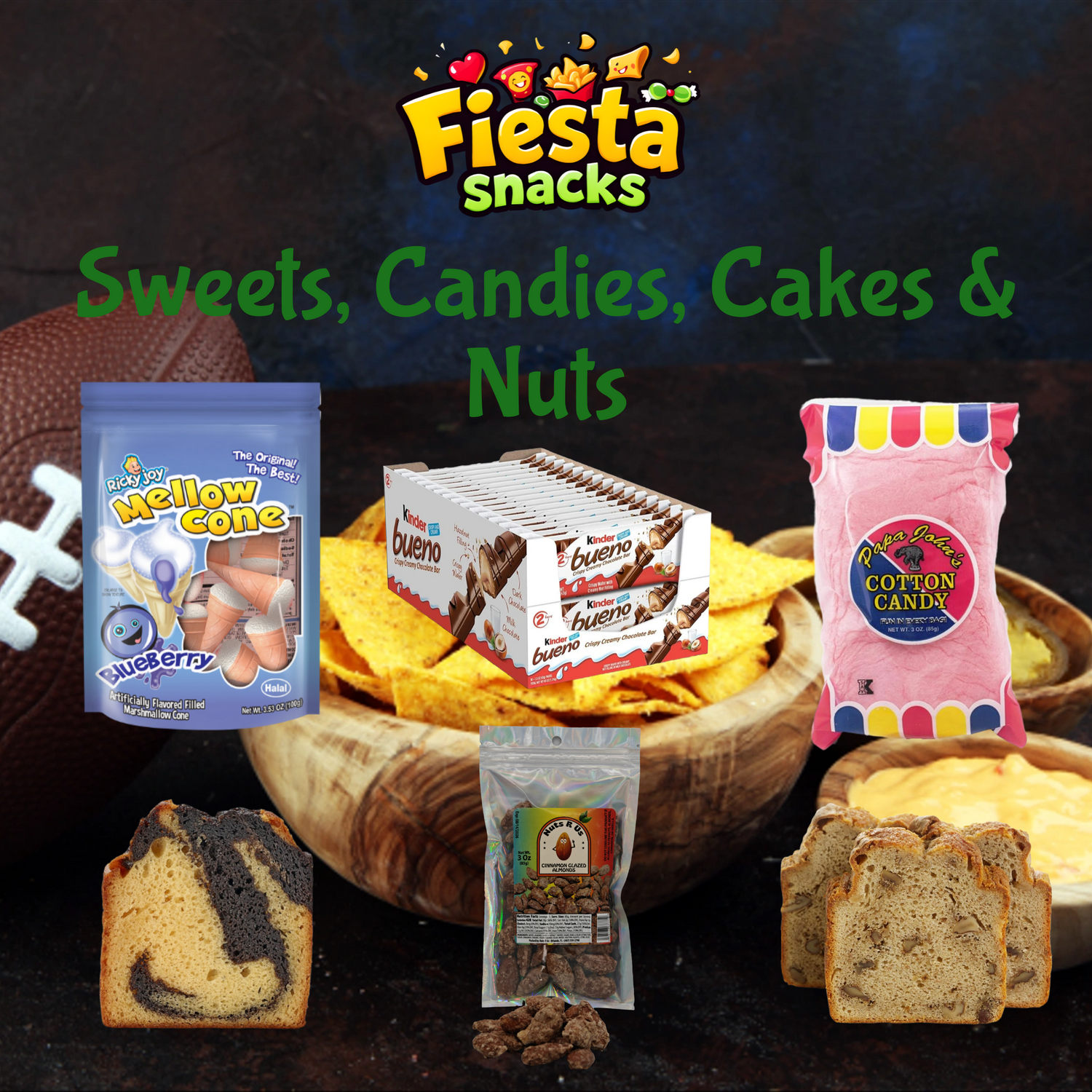 Sweet snack party spread featuring Kinder Bueno, Ricky Joy Mellow Cones, cotton candy, and sliced nut cakes with a football theme.