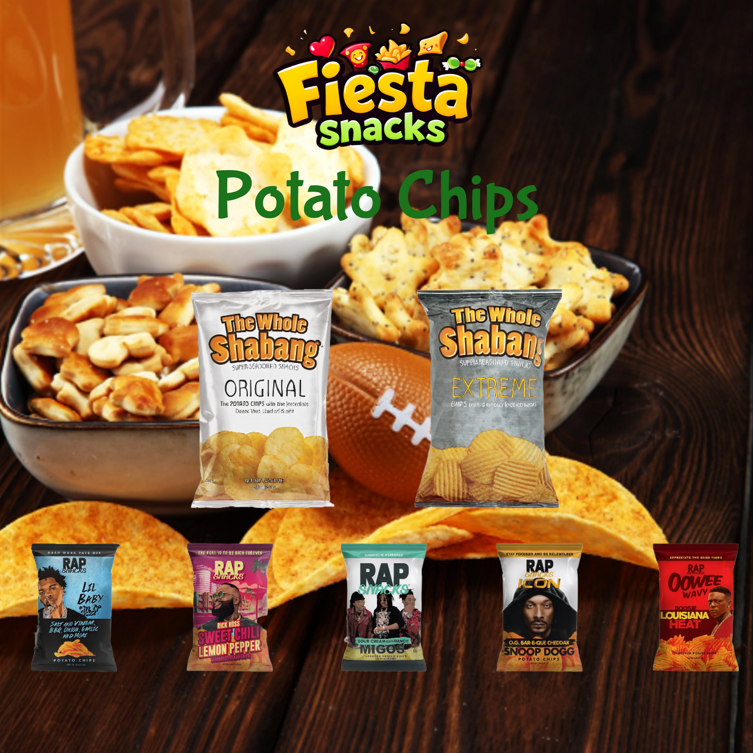 The Whole Shabang and Rap Snacks potato chips (Lil Baby, Snoop Dogg, Migos editions) arranged with a football and beer for game day.