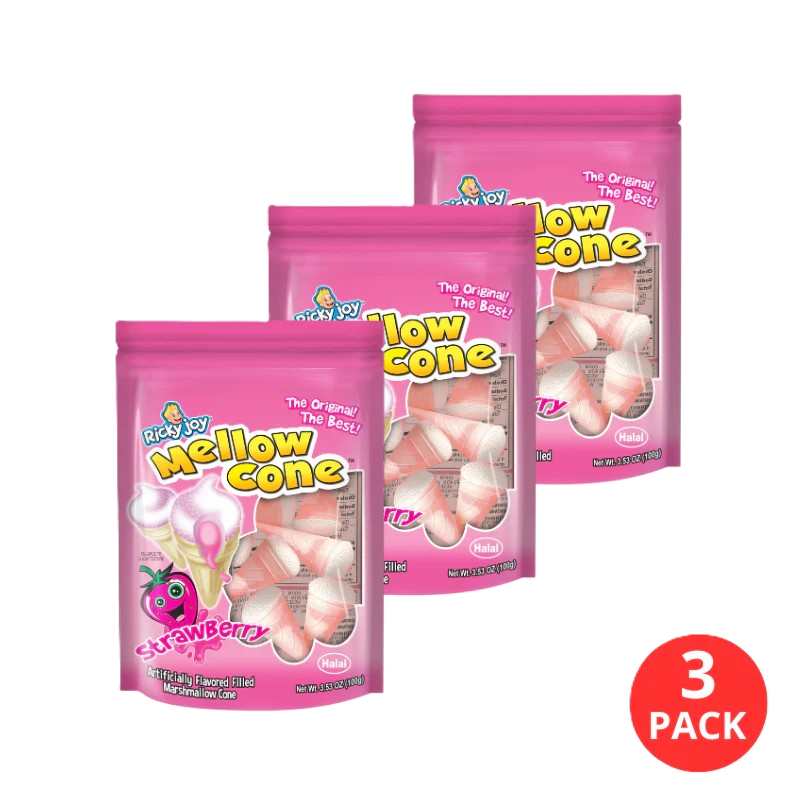 Ricky Joy Mellow Cone Strawberry 3 Pack Halal Artificially Flavored Filled Marshmallow Cone 3.53 oz