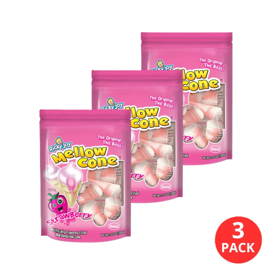Ricky Joy Mellow Cone Strawberry 3 Pack Halal Artificially Flavored Filled Marshmallow Cone 3.53 oz