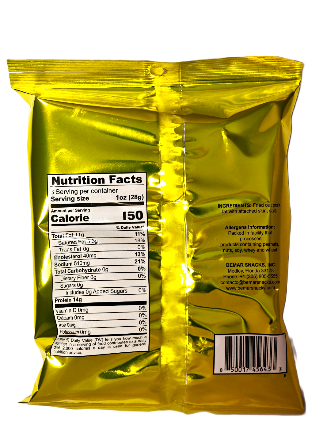 Yellow snack bag with nutrition facts label on a white background
