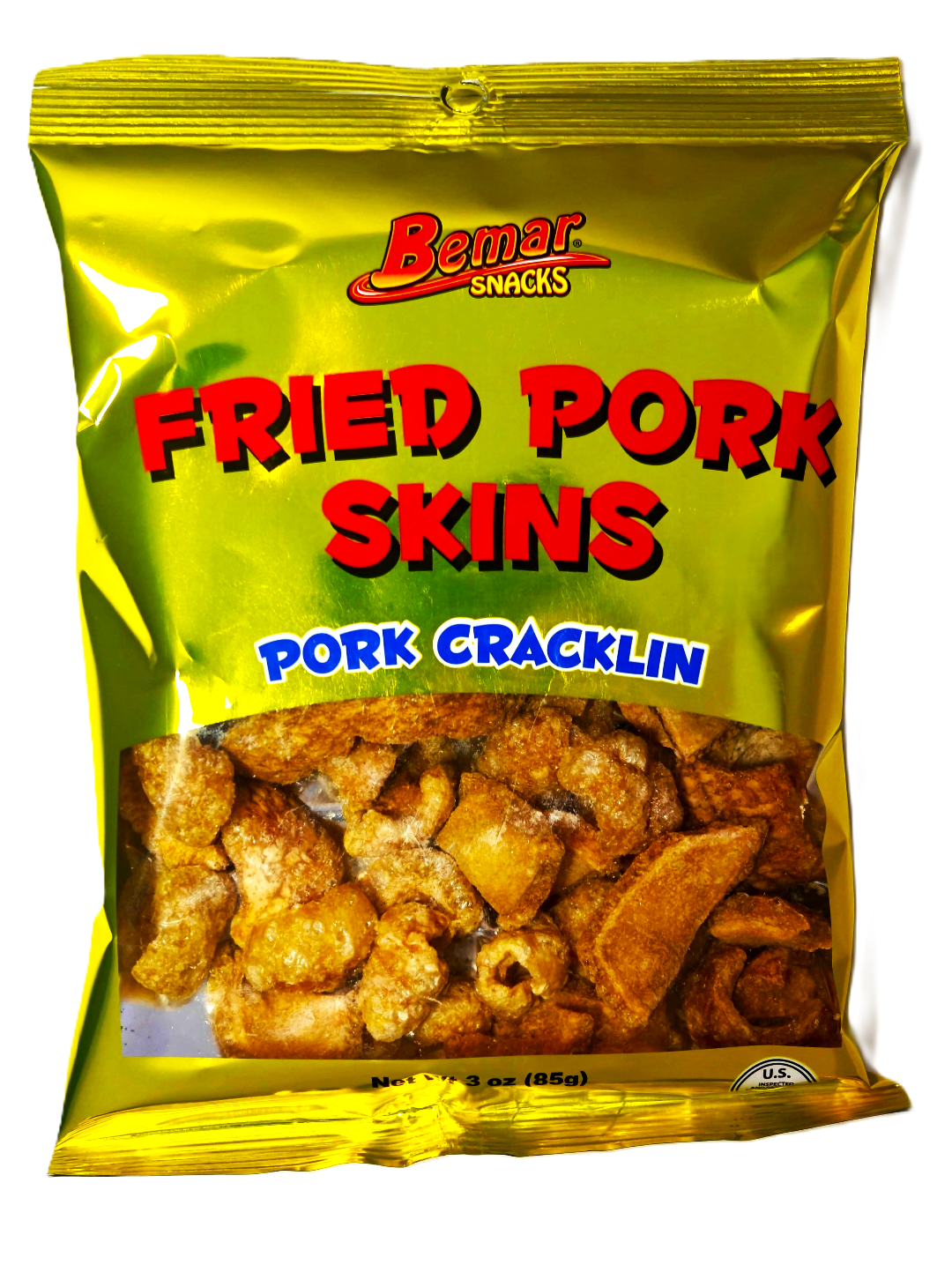 Bag of Bemar Snacks Fried Pork Skins on a white background