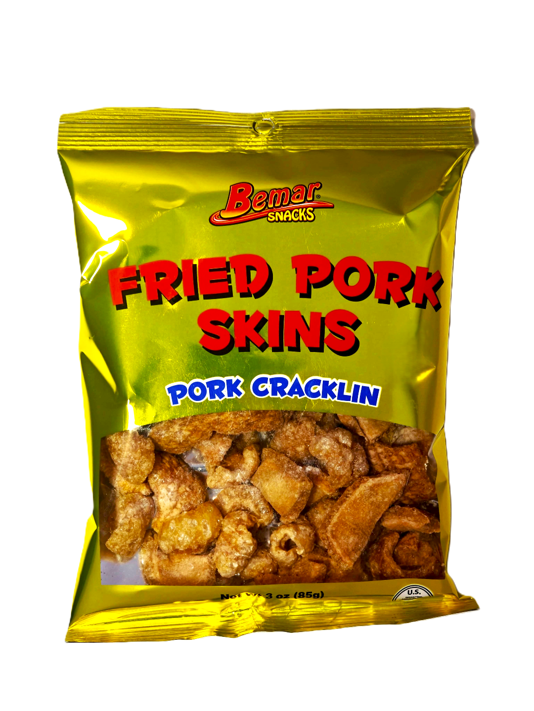 Bag of Bemer Snacks Fried Pork Skins on a white background
