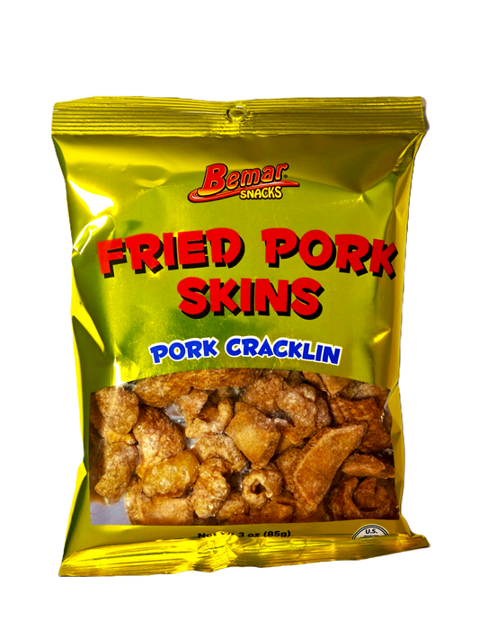 Bag of Bemer Snacks Fried Pork Skins on a white background