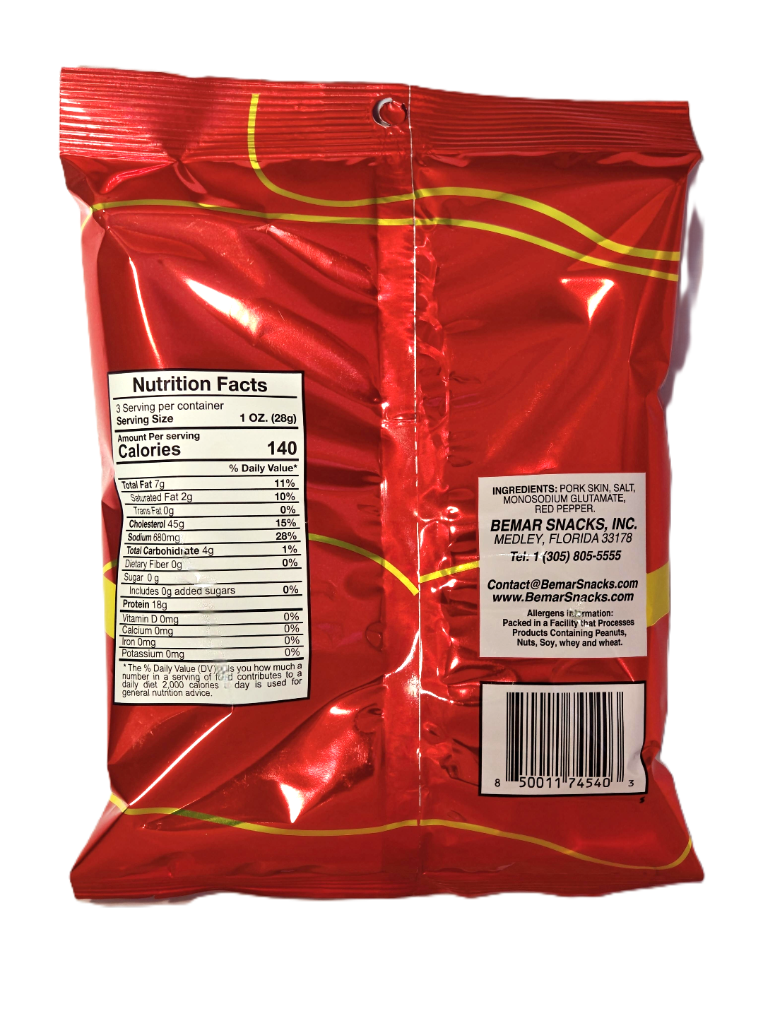 Red snack bag with nutrition facts label and ingredient list on a white background