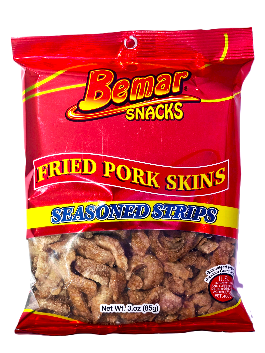 Bag of Bemar Snacks Fried Pork Skins on a white background