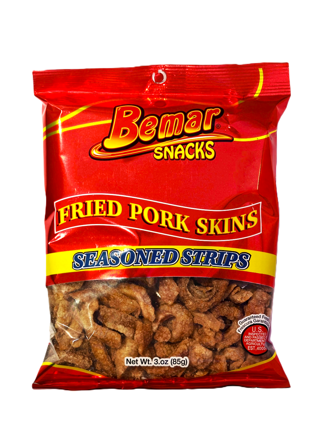 Bag of Bemar Snacks Fried Pork Skins on a white background