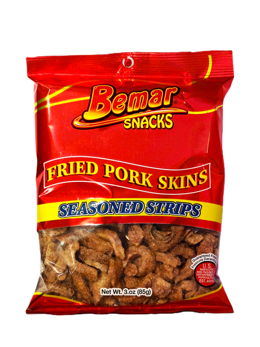 Bag of Bemar Snacks Fried Pork Skins on a white background
