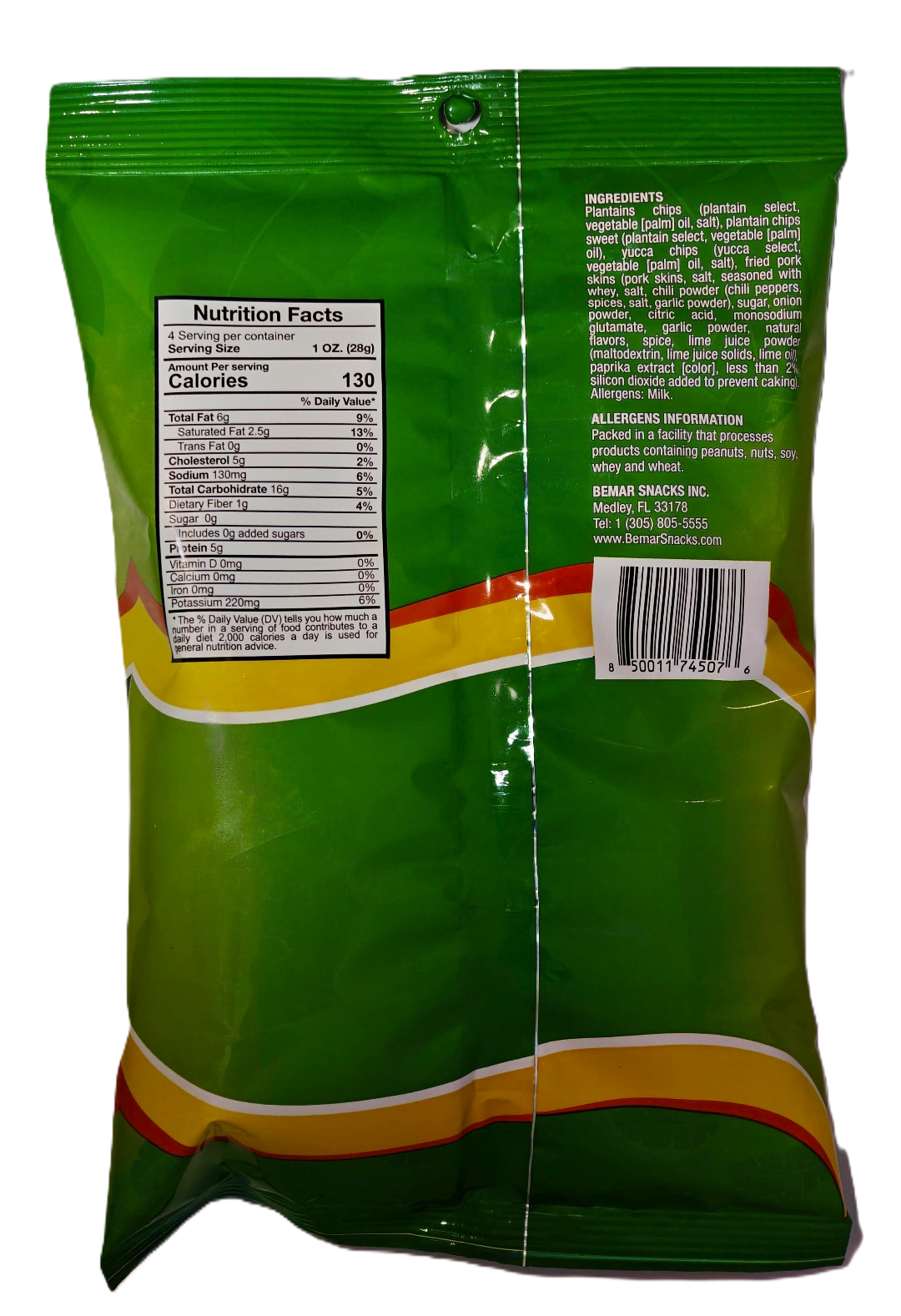 Back view of a green snack bag with nutrition facts label and ingredients list.