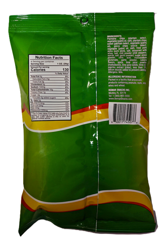 Back view of a green snack bag with nutrition facts label and ingredients list.