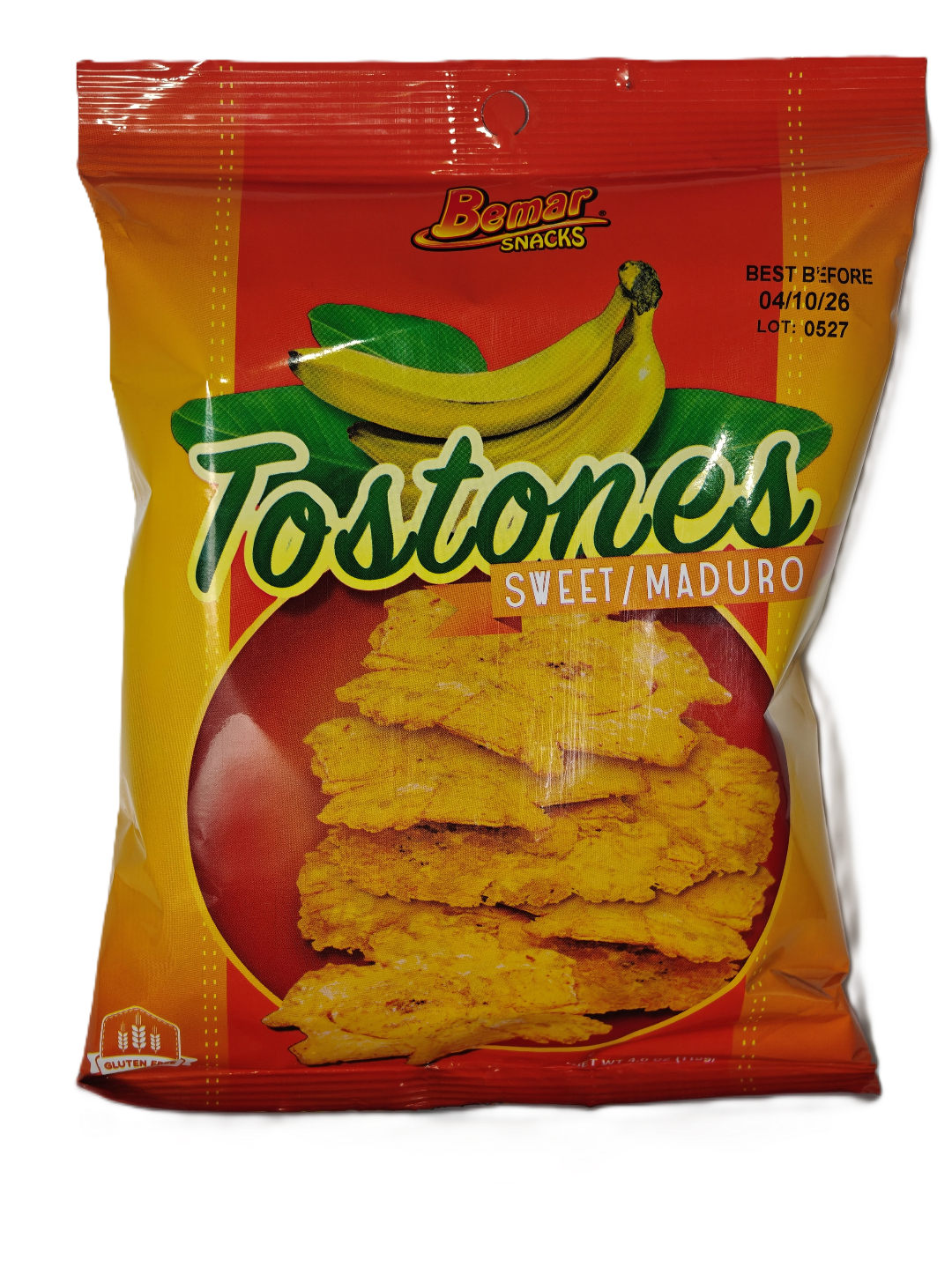Bag of Tostones sweet maduro snacks with banana illustration on a white background