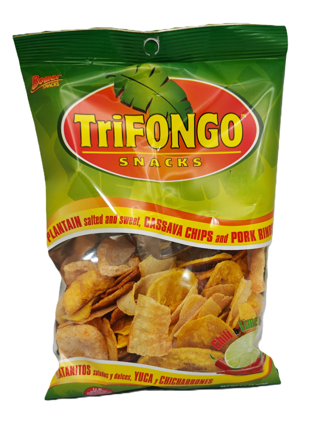 Trifongo snacks packaging with chips on a white background