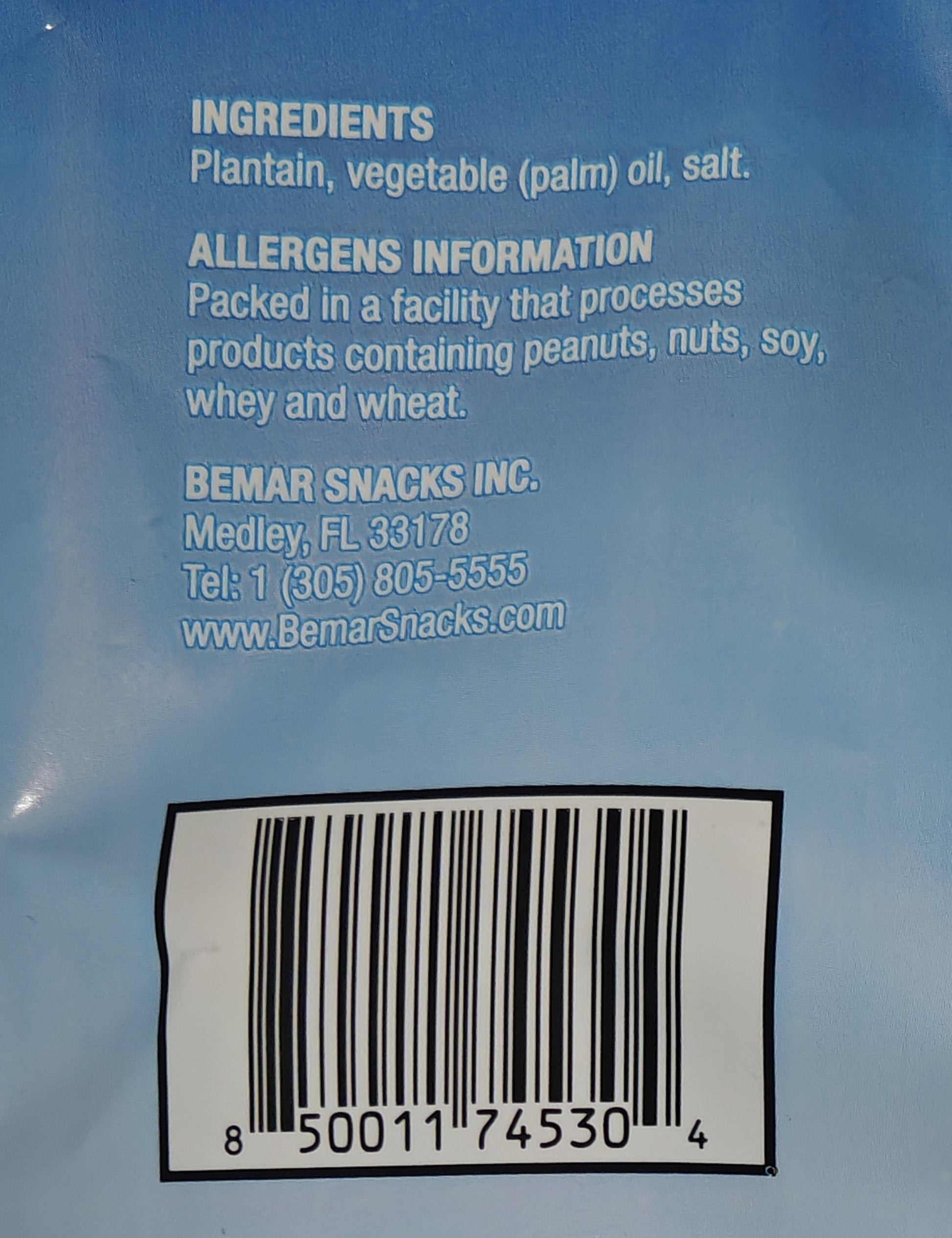 Back of a snack package with ingredient list, allergen information, and Bemar Snacks contact details.