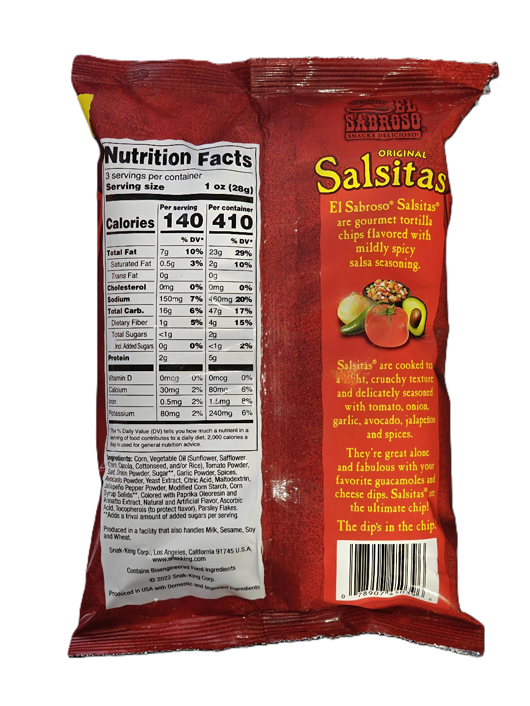 Salsitas tortilla chip bag with nutrition facts label on a white background