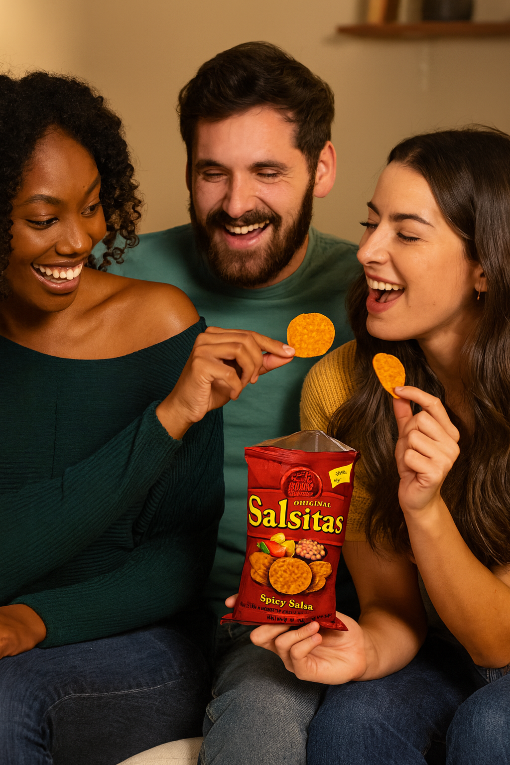 Three friends enjoying Salsitas chips together