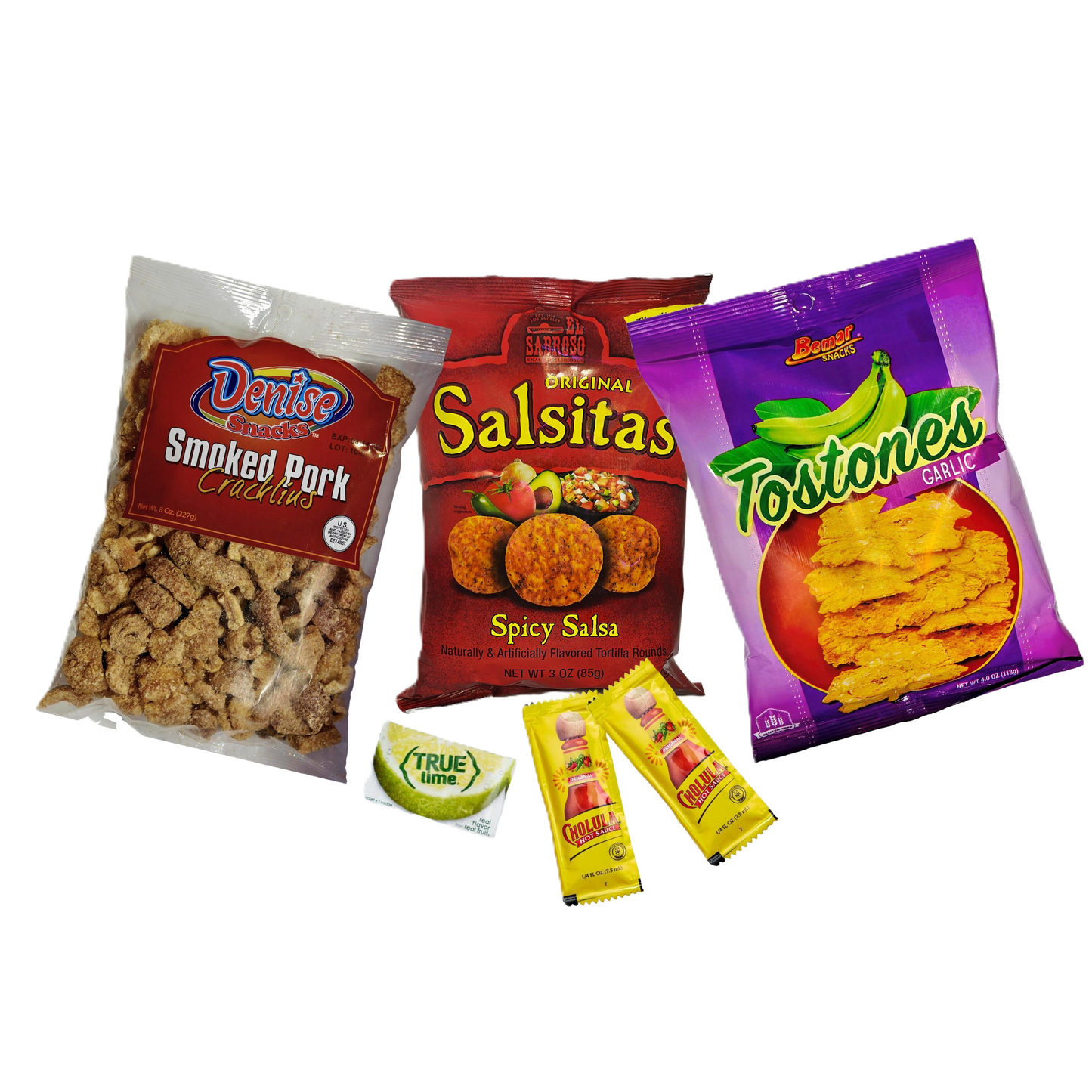 Fiesta Snack Pack Bundle – Flavor Explosion! | Cracklins, Tostones, Salsitas + Bonus Hot Sauce & Lime Packets