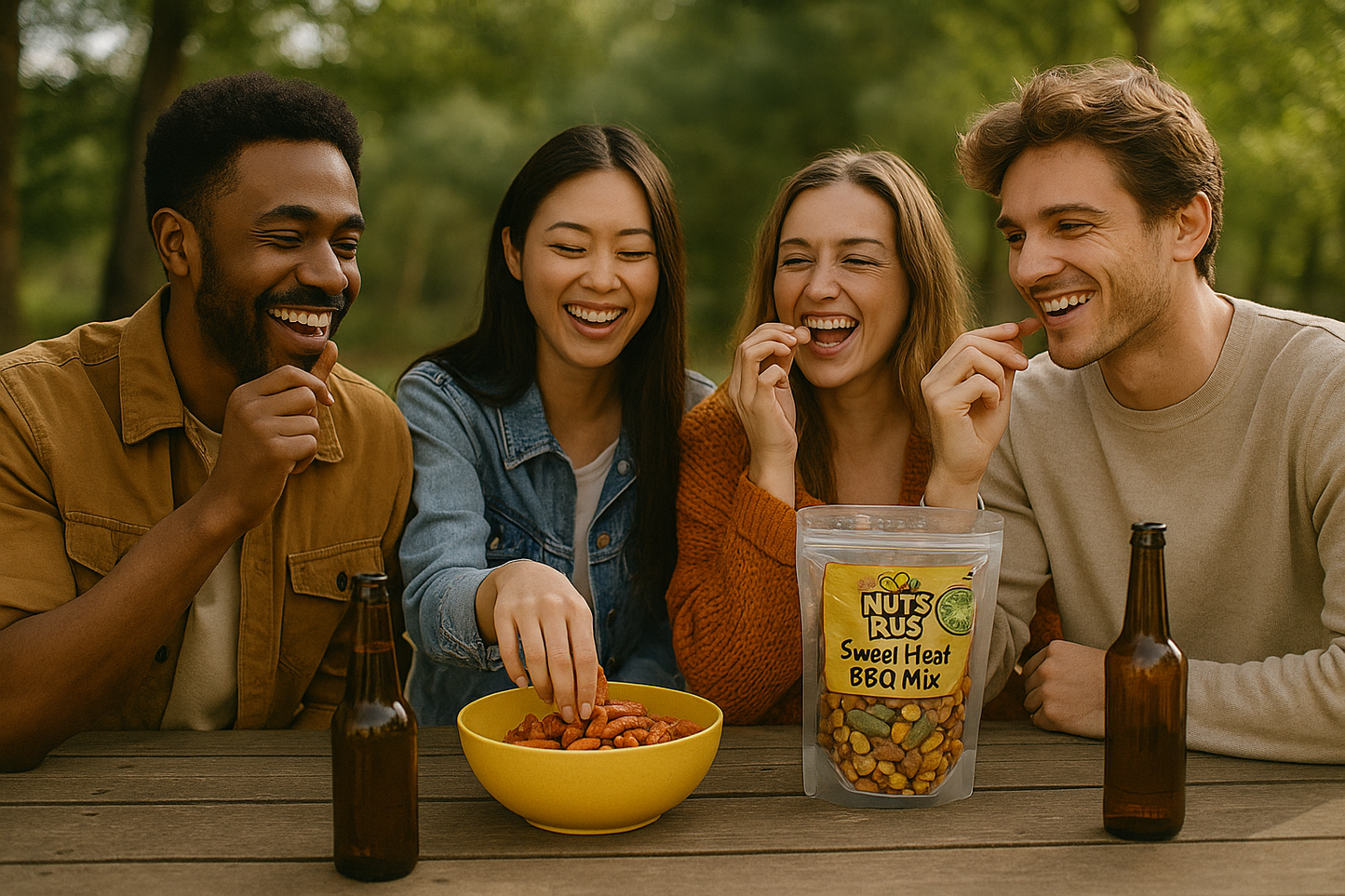 Four friends enjoying a snack together with a bag of Sweet & Spicy BBQ Mix at a table outdoors.