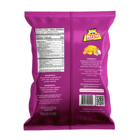 Back of Mayté Garlic Plantain Chips – nutrition facts, ingredients, and product information

