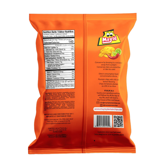 Back of Mayté Chili and Lemon Plantain Chips – nutrition facts, ingredients, and certifications

