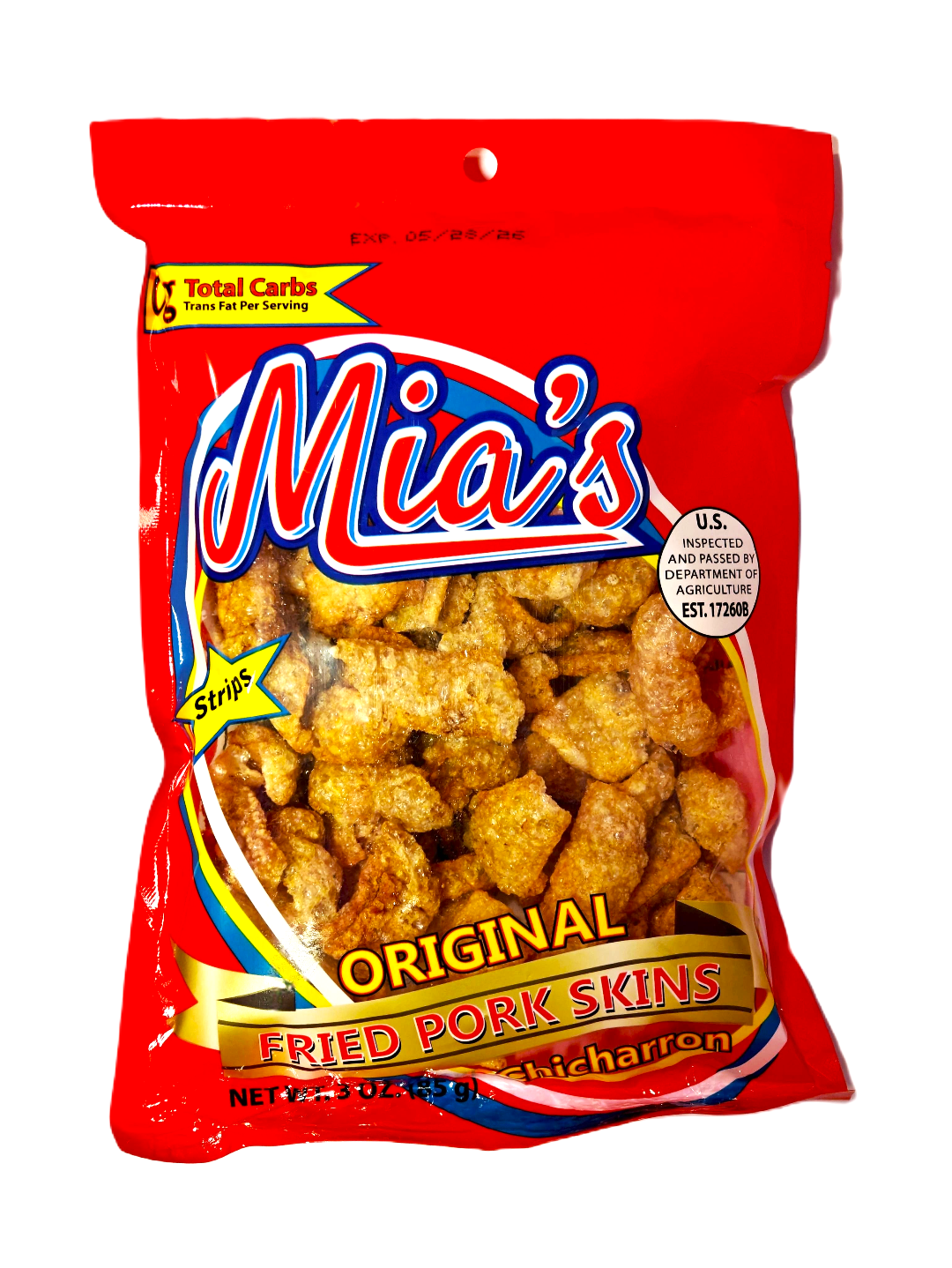 Bag of Mia's Fried Pork Skins with red packaging on a white background