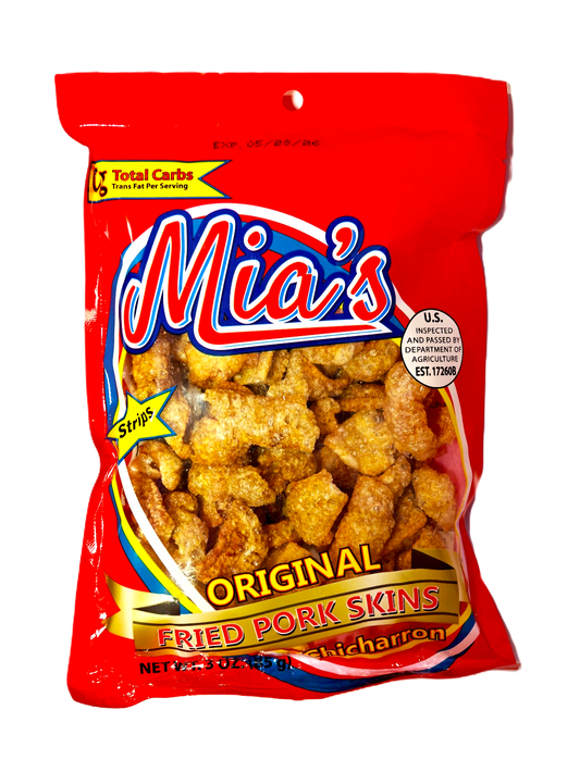 Bag of Mia's Fried Pork Skins with red packaging on a white background