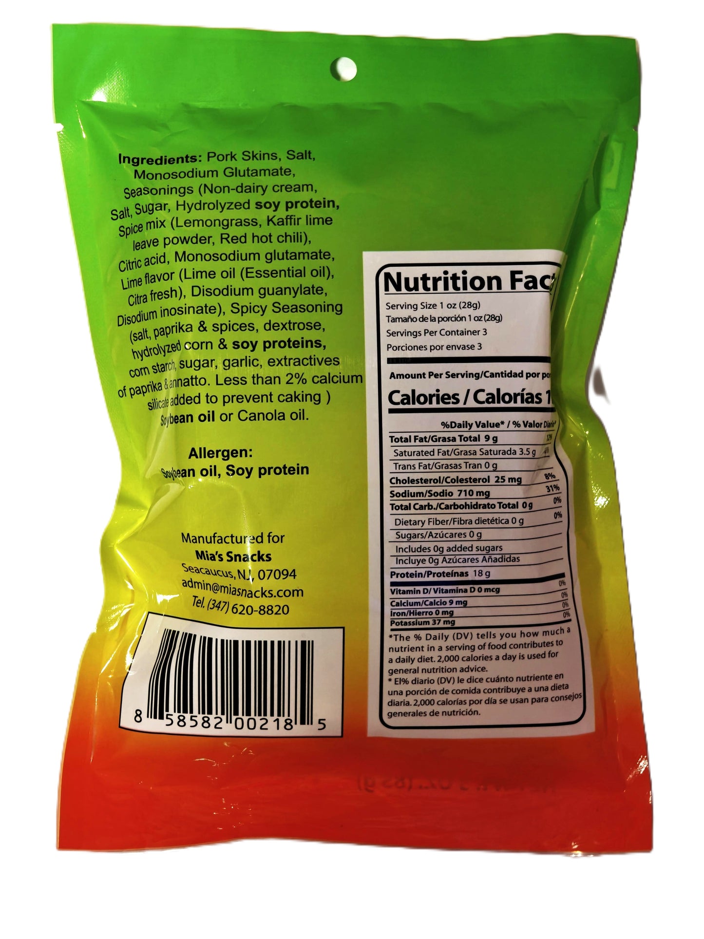 Mia’s Fried Pork Skins – Chili & Lime Strips – Spicy Crunchy Pork Rinds – 3 oz Bag