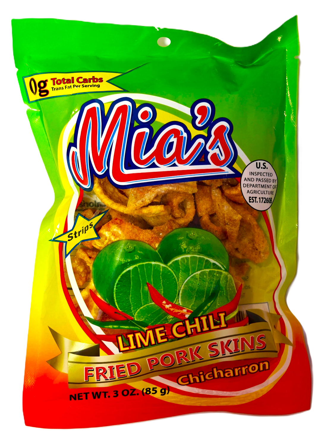 Packaging of Mia's Lime Chili Fried Pork Skins with green, yellow, and red colors.