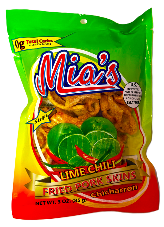 Packaging of Mia's Lime Chili Fried Pork Skins with green, yellow, and red colors.