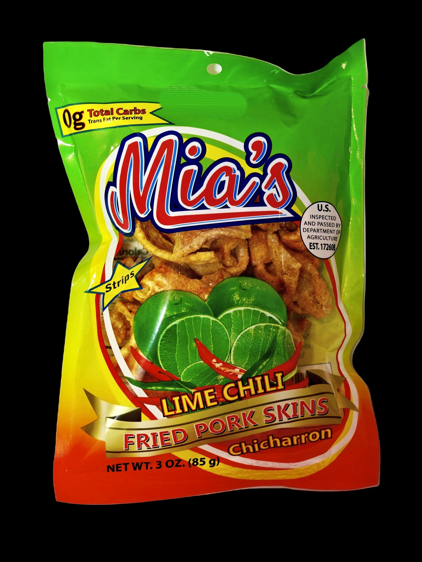 Mia’s Fried Pork Skins – Chili & Lime Strips – Spicy Crunchy Pork Rinds – 3 oz Bag