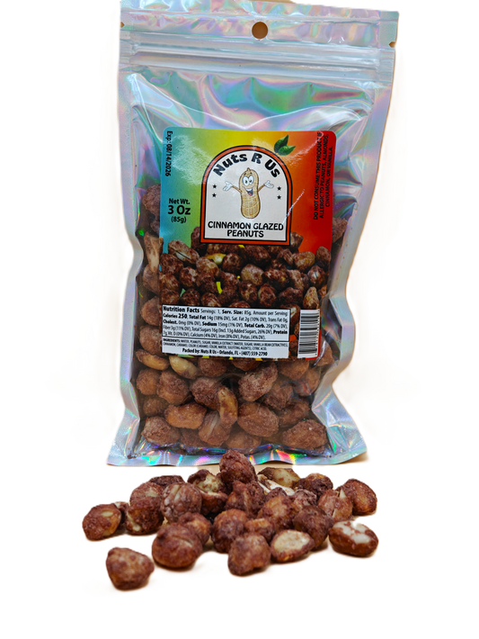 Packaged cinnamon glazed peanuts with a visible brand label on a white background
