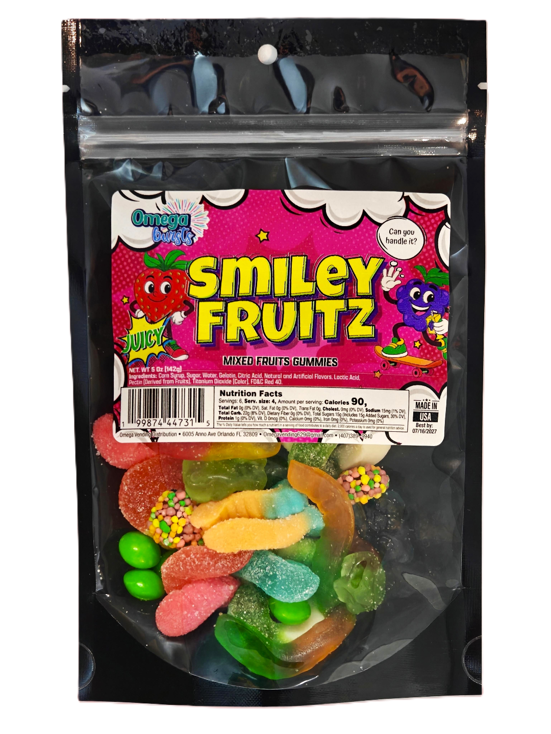 Packaged gummy candies with a colorful label on a white background