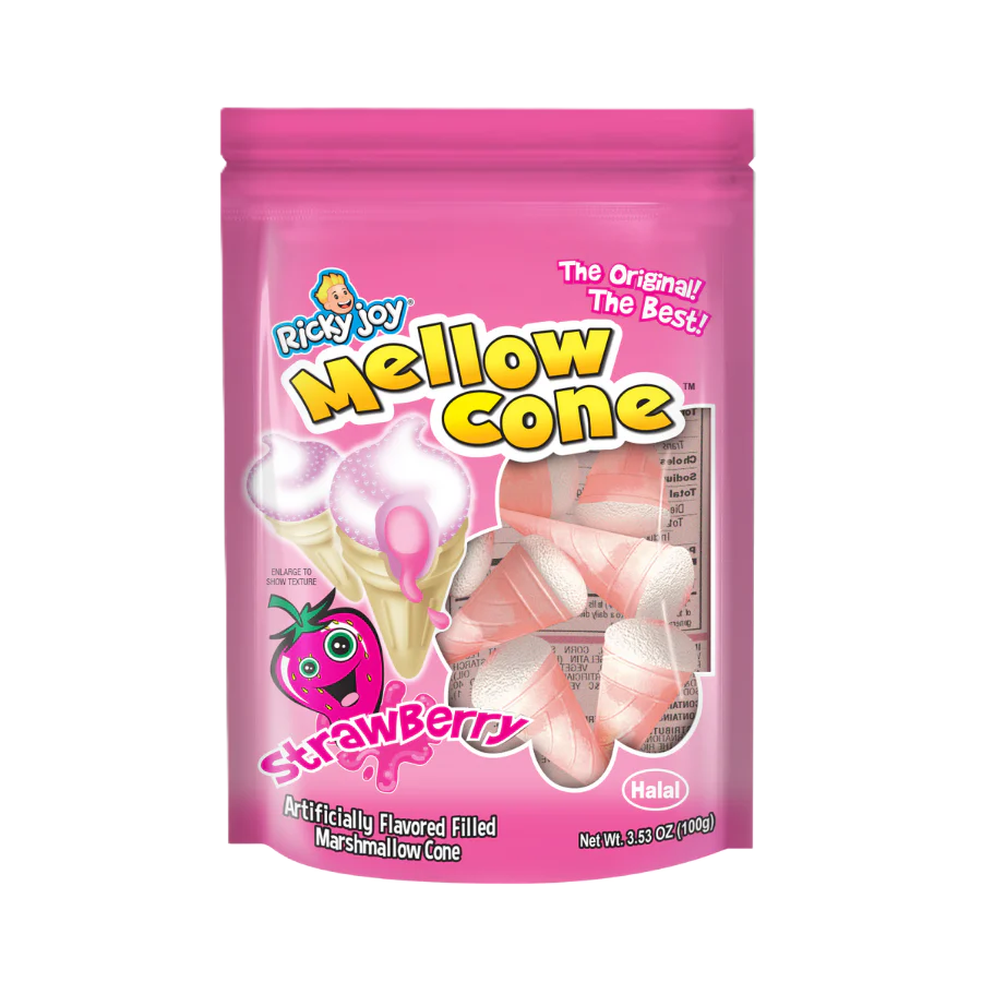 Ricky Joy Mellow Cone Strawberry 3 Pack Halal Artificially Flavored Filled Marshmallow Cone 3.53 oz
