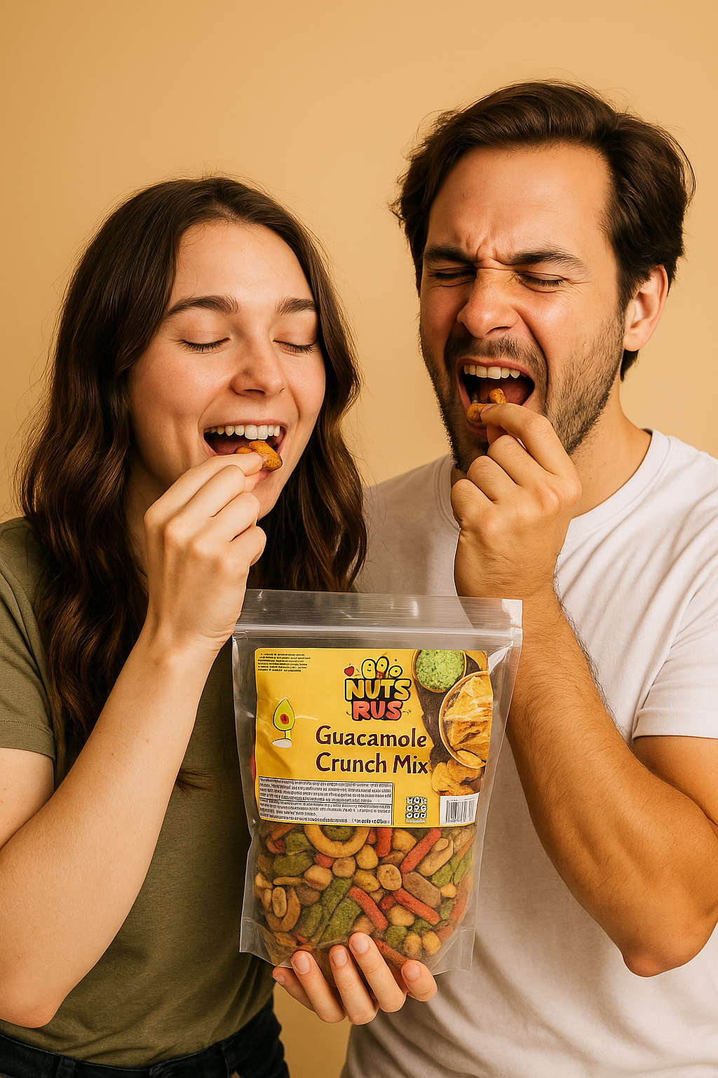 Two people eating a bag of 'Nuts for Nuts' Guacamole Crunch Mix against a beige background